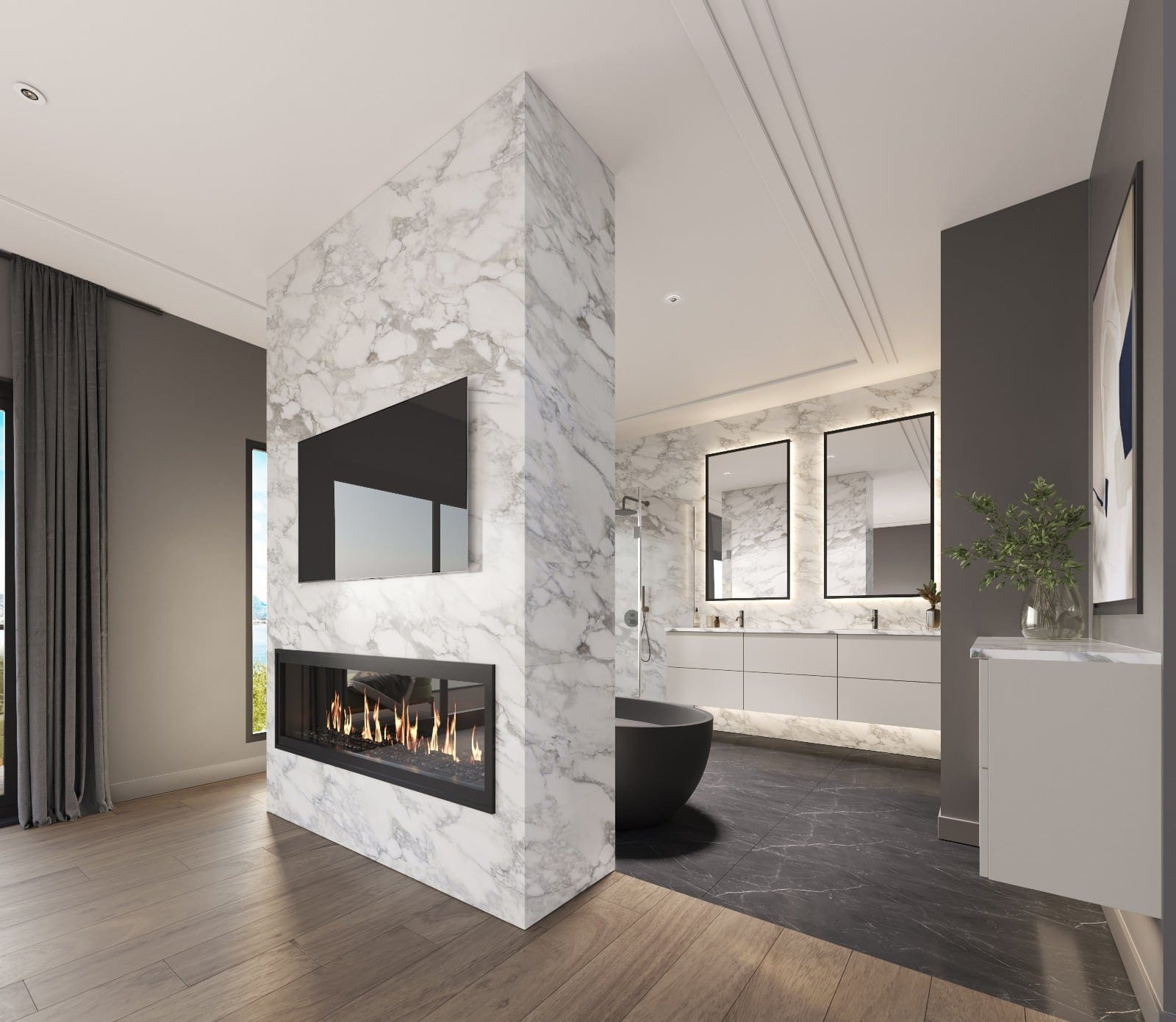 Villa primary suite in the light colour scheme with a marble double-sided fireplace and freestanding tub