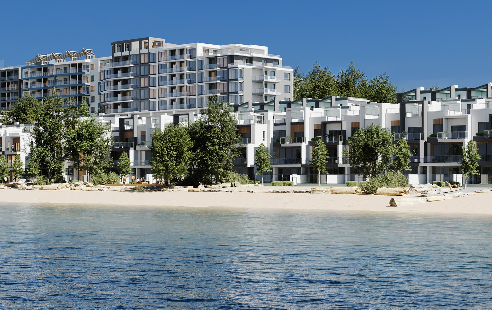 The waterfront villas along the white sand beach with the Waterfront Tower behind, seen from Okanagan Lake on a sunny day