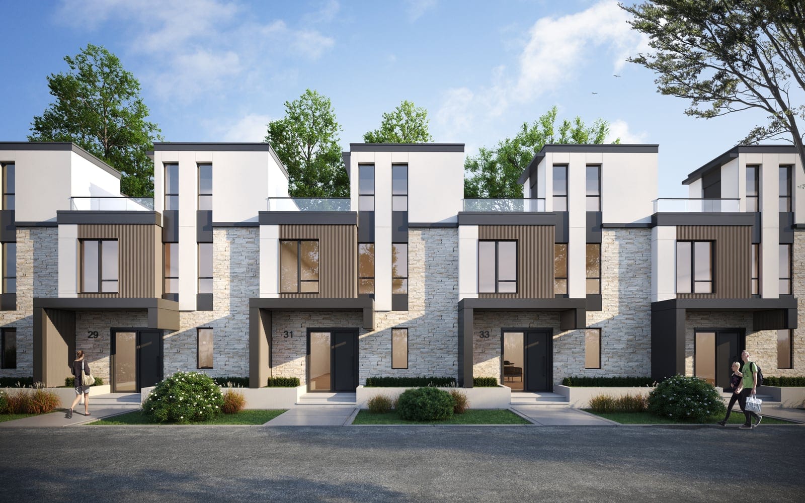 Front entries of the Waterfront villas in the Timber Bark exterior colour scheme