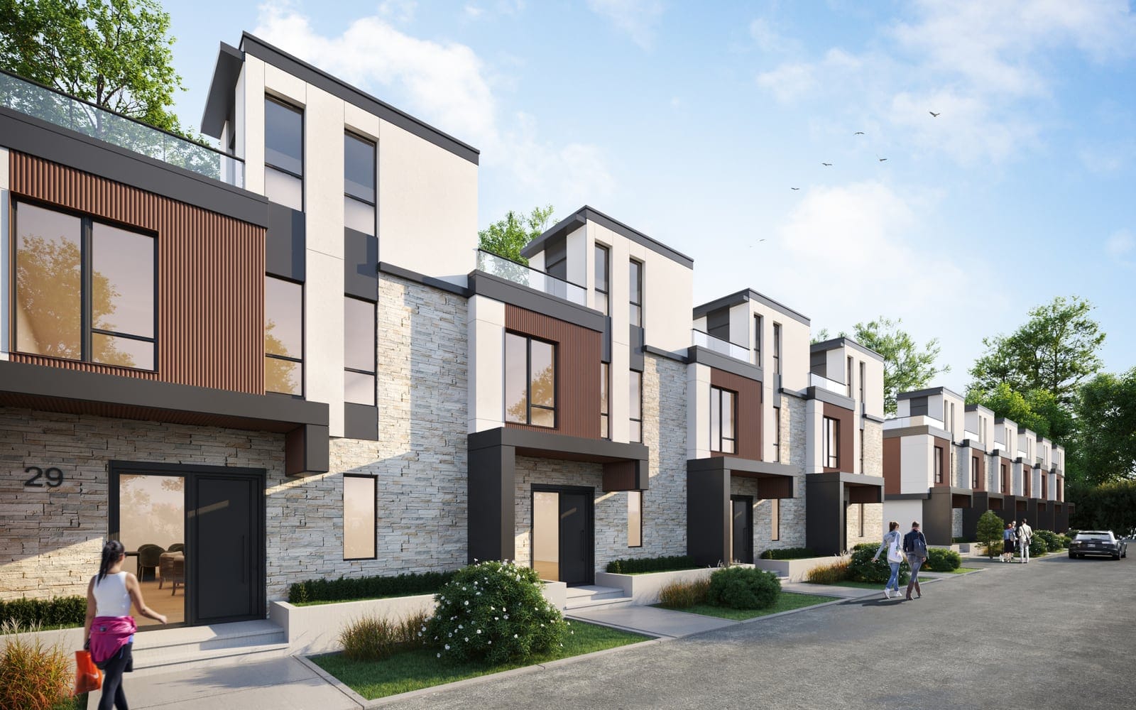 Street-side entries of the Waterfront villas with stone, wood and white facades