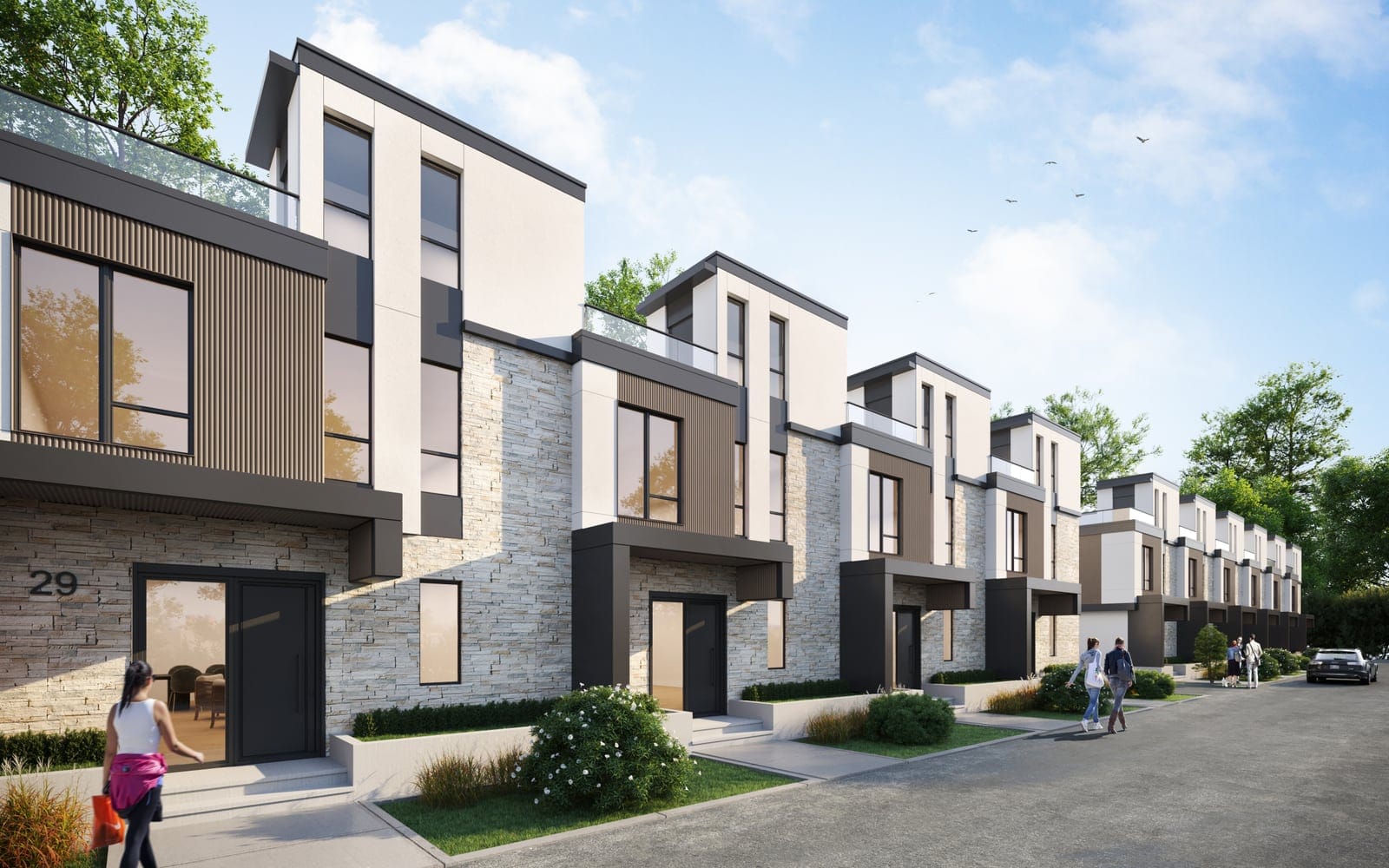 Street-side entries of the Waterfront villas in the Timber Bark exterior colour scheme