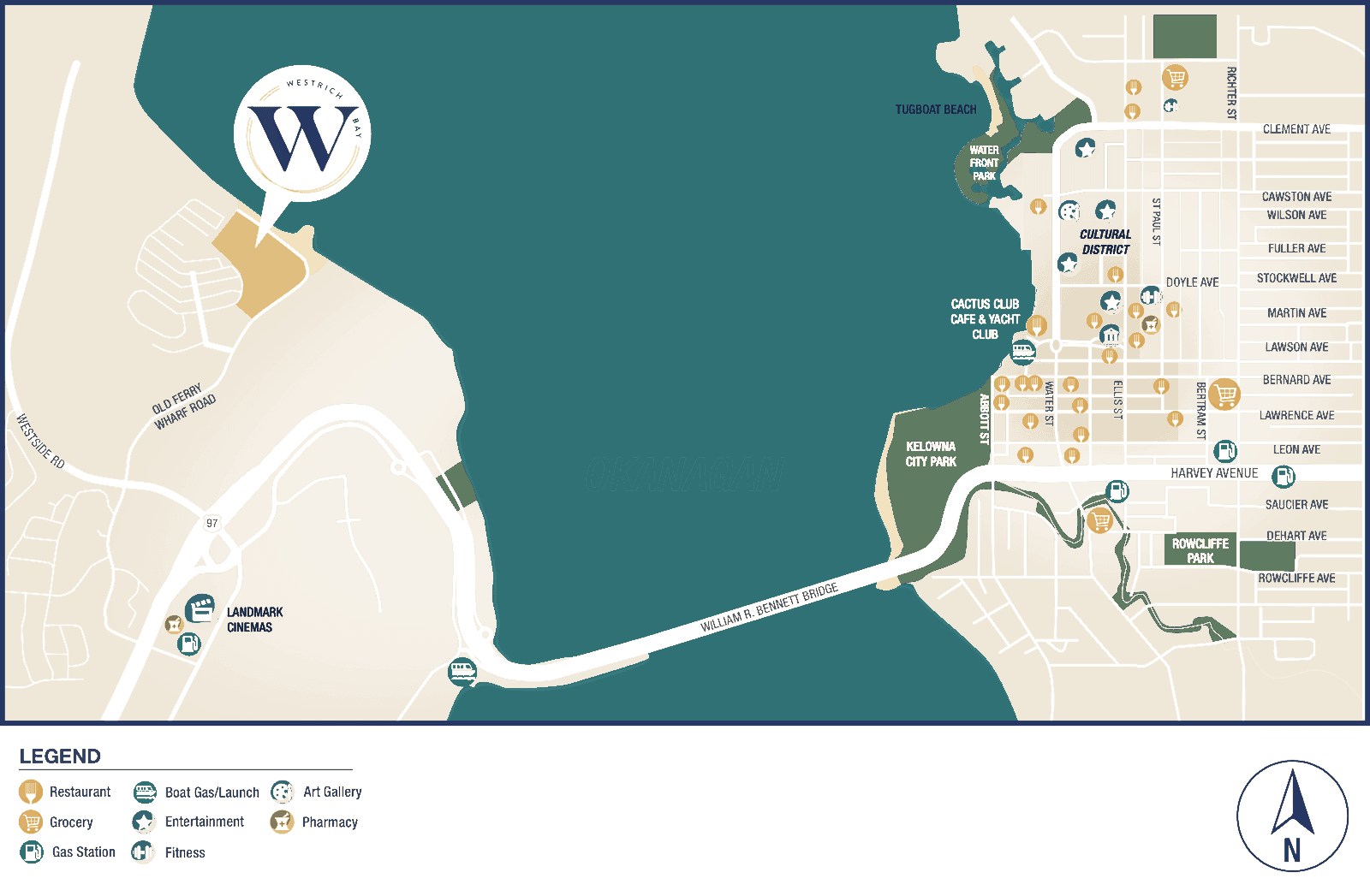 Map of Westrich Bay on Old Ferry Wharf Road across Okanagan Lake from downtown Kelowna, linked by the William R. Bennett Bridge, with nearby amenities
